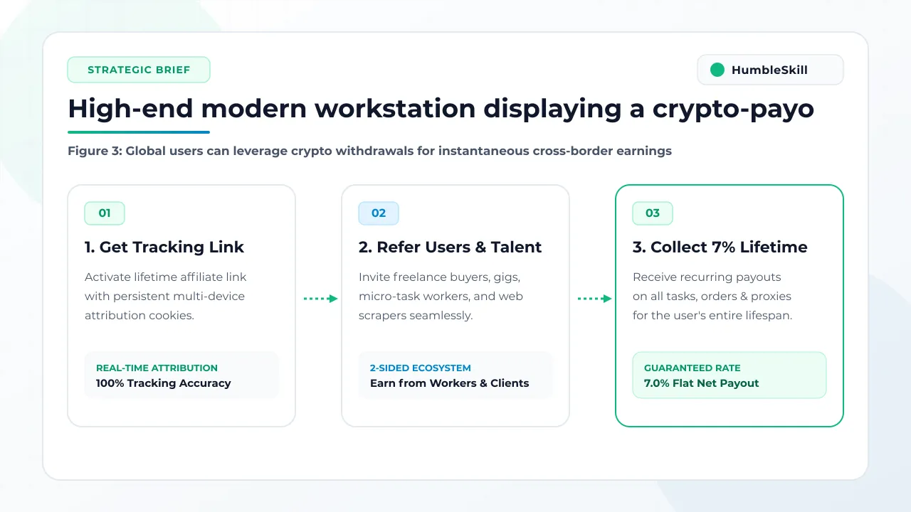 Modern workstation setup showing the integration of cryptocurrency withdrawals for global HumbleSkill users.
