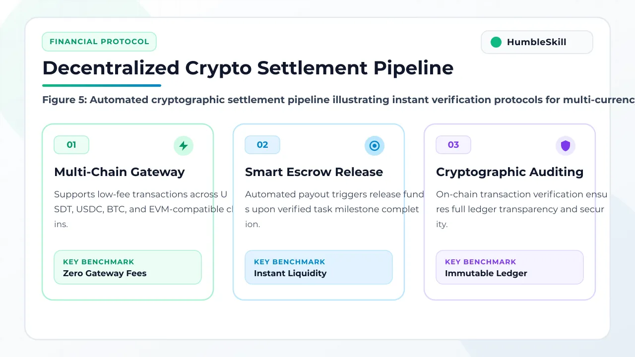 3D flowchart showing automated crypto withdrawal pipelines and instant settlement mechanics on HumbleSkill.