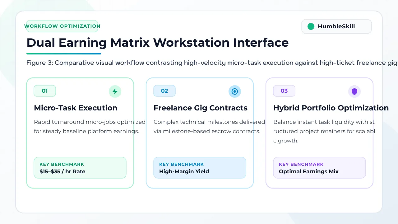 Modern dual-monitor workstation displaying dark mode analytical dashboards for freelance gigs and automated micro-tasks.