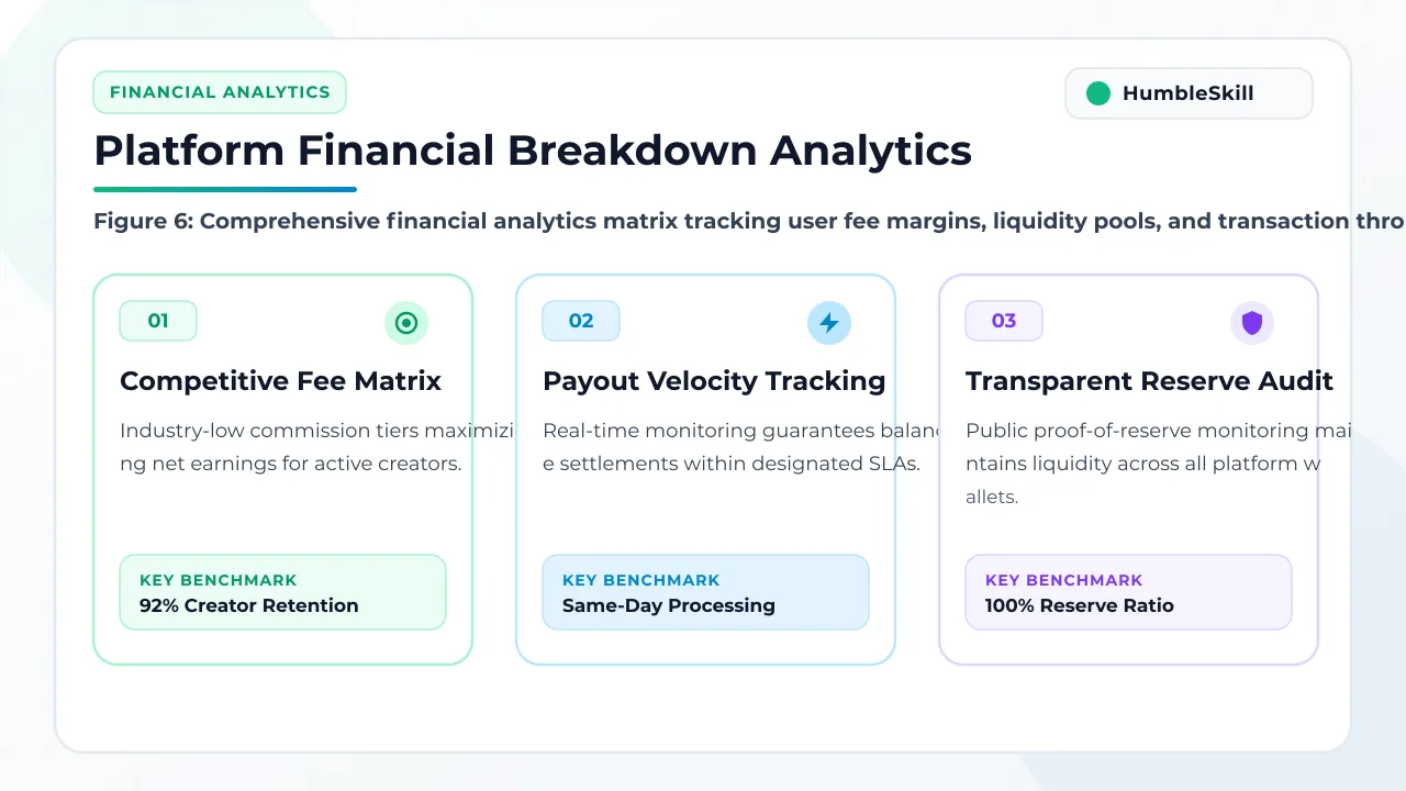 Fintech dark mode dashboard displaying financial breakdown, payout velocity metrics, and revenue distribution charts.