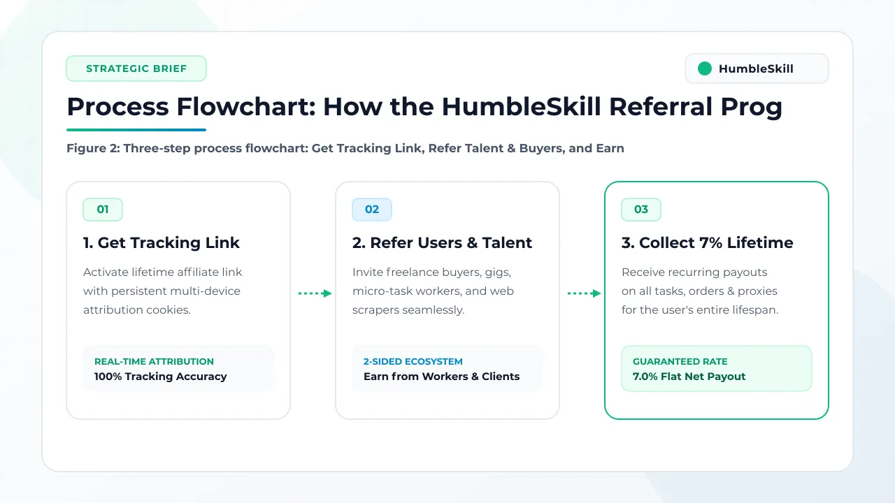 Process flowchart outlining the three steps of the HumbleSkill lifetime referral program: invite, onboard, and earn lifetime commission.