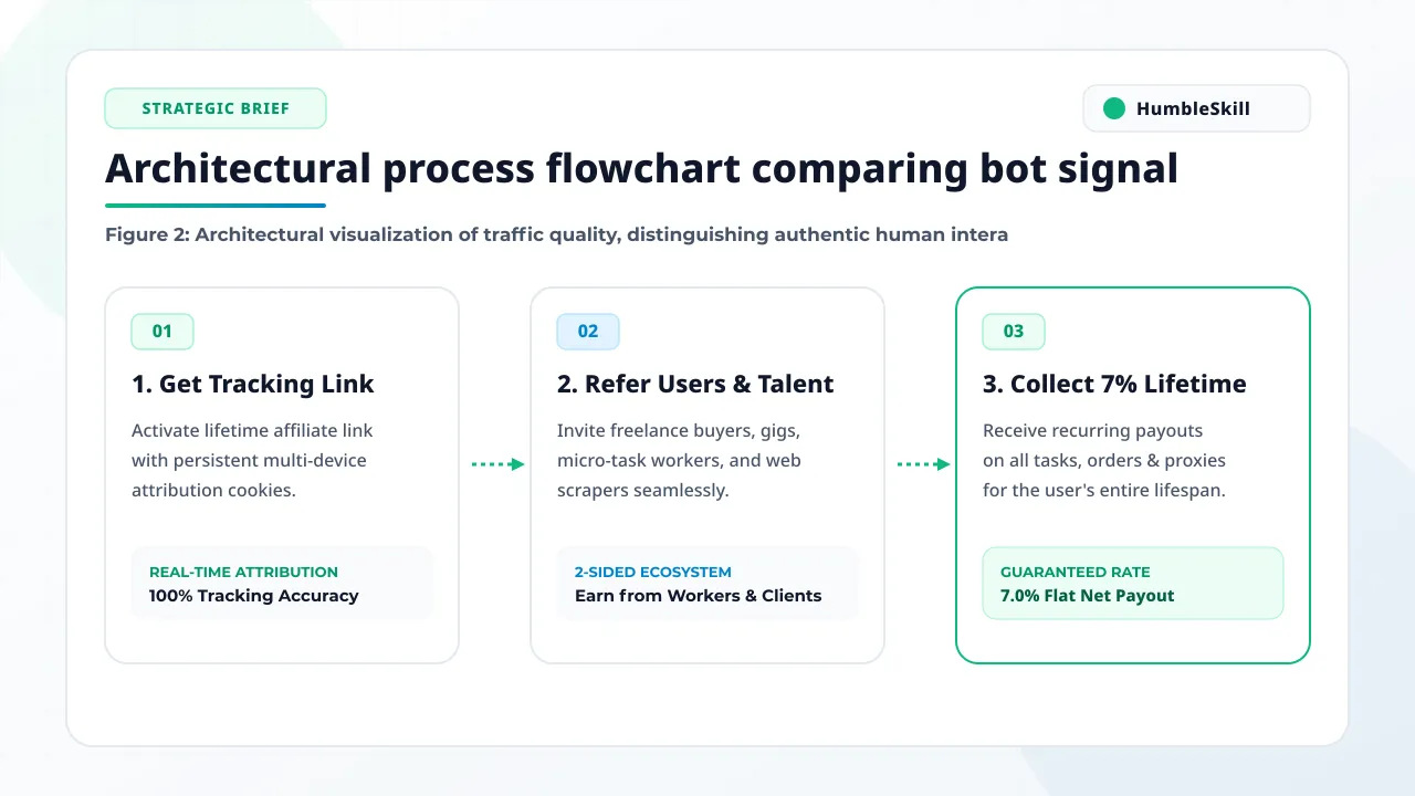A 3D isometric flowchart contrasting erratic bot traffic patterns with the steady, linear flow of genuine human engagement.