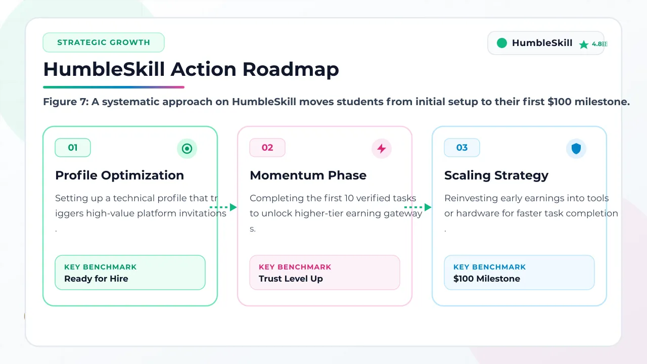 A visual roadmap showing the step-by-step process to reach the first $100 in earnings on HumbleSkill.