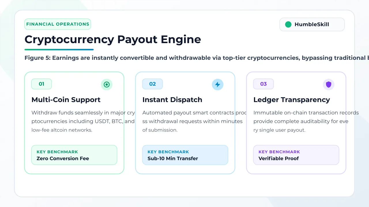 HumbleSkill cryptocurrency payout dashboard displaying blockchain transaction logs and wallet balances in dark mode.