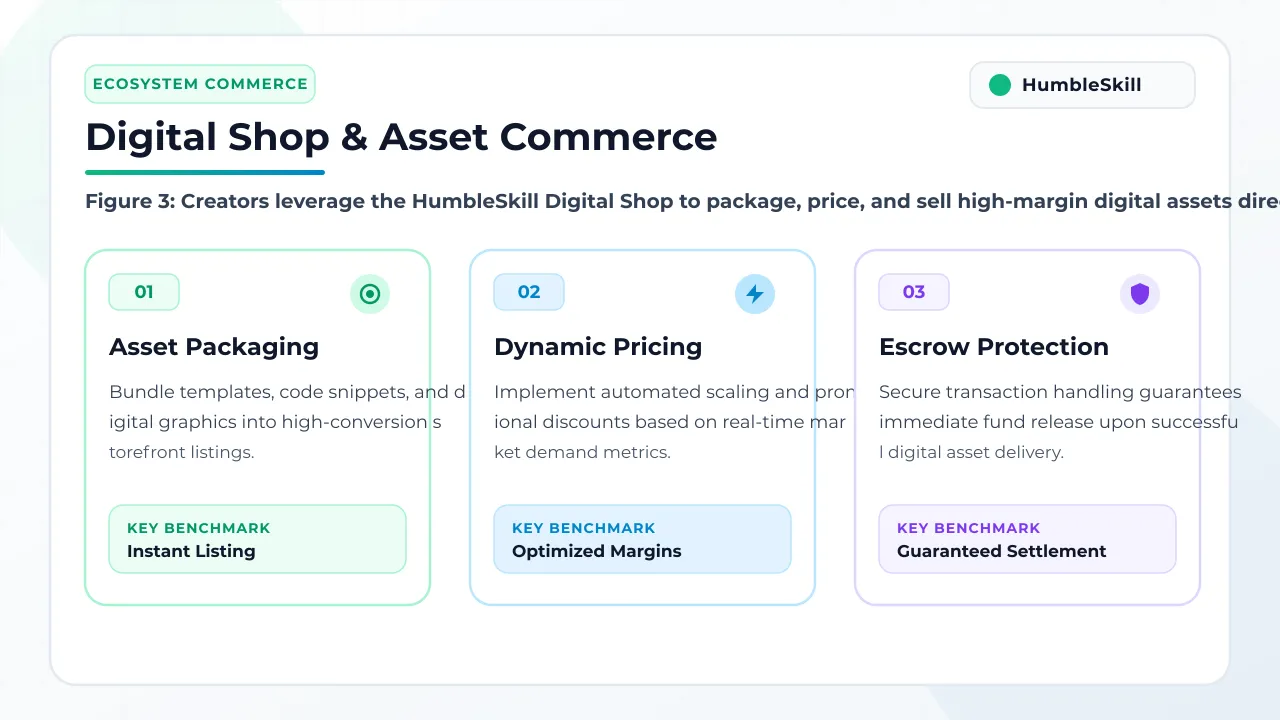 HumbleSkill digital shop interface showing asset monetization and pricing tiers in dark mode fintech style.
