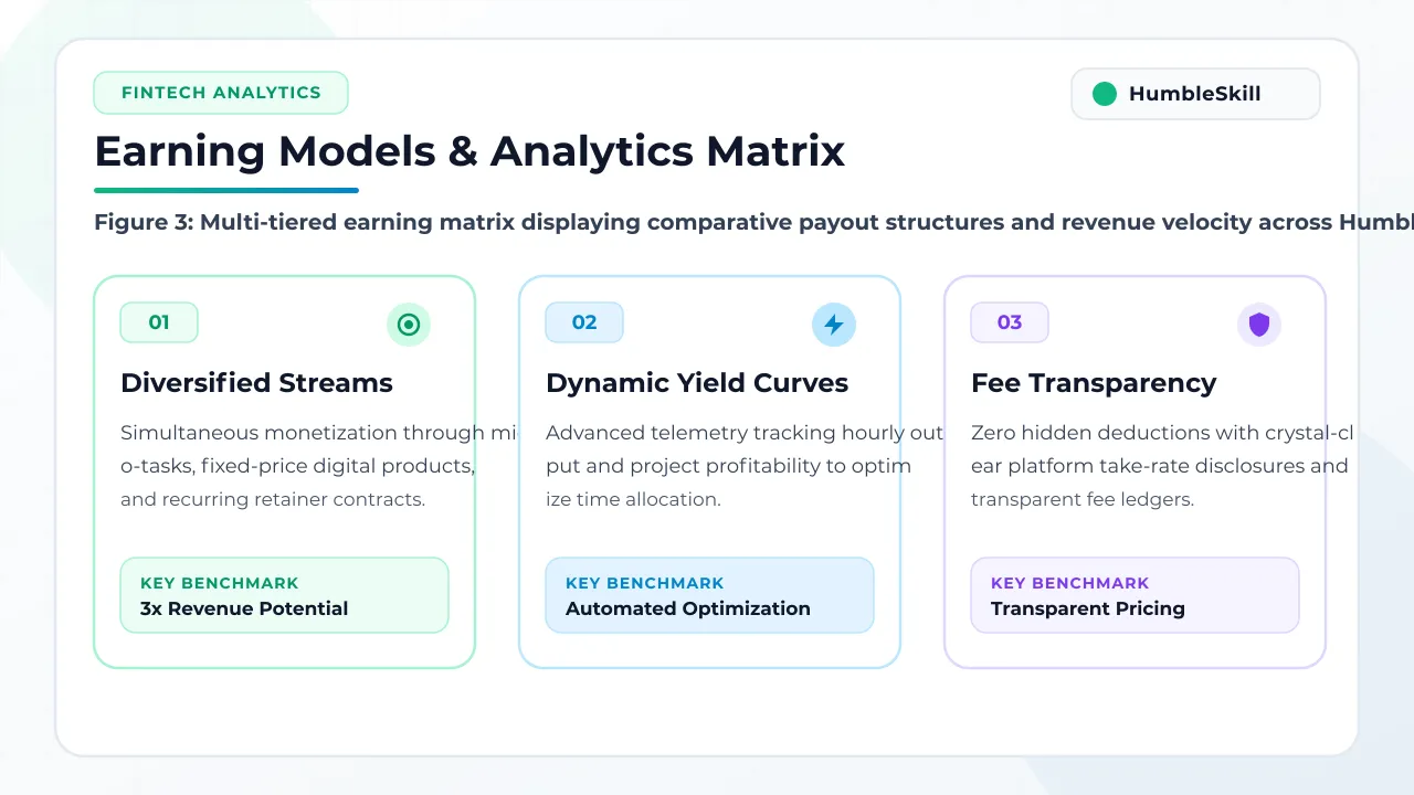 Financial analytics dashboard comparing HumbleSkill earning models and revenue streams