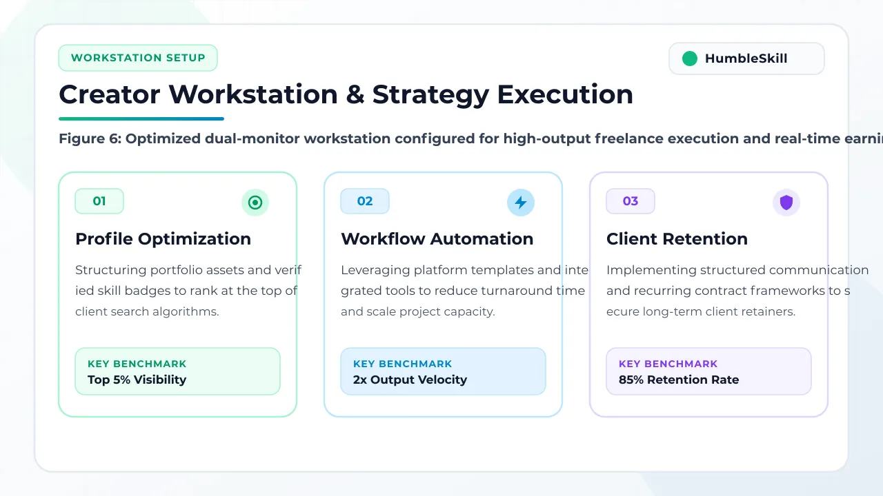 Modern creator workstation displaying the HumbleSkill workflow and earnings optimization strategy