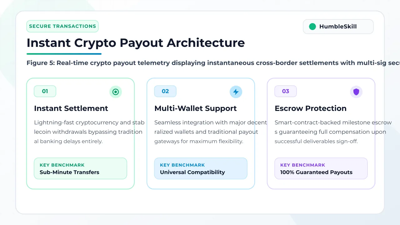 Secure crypto withdrawal dashboard showing instant payout verification on HumbleSkill