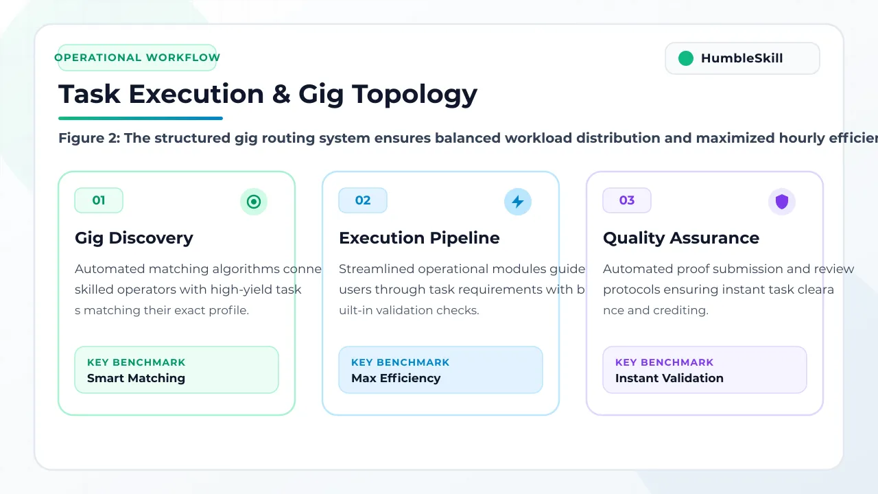 Architectural process flowchart depicting task execution and gig distribution network on HumbleSkill.