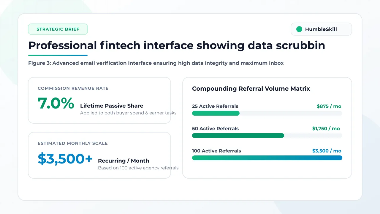Fintech interface displaying email list verification, data integrity checks, and bounce-rate reduction telemetry.