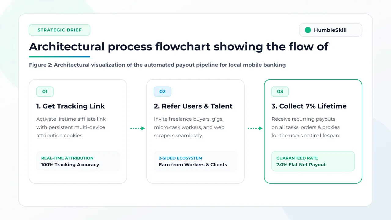 Isometric flowchart illustrating the automated path from HumbleSkill tasks to local bKash and Nagad payouts.