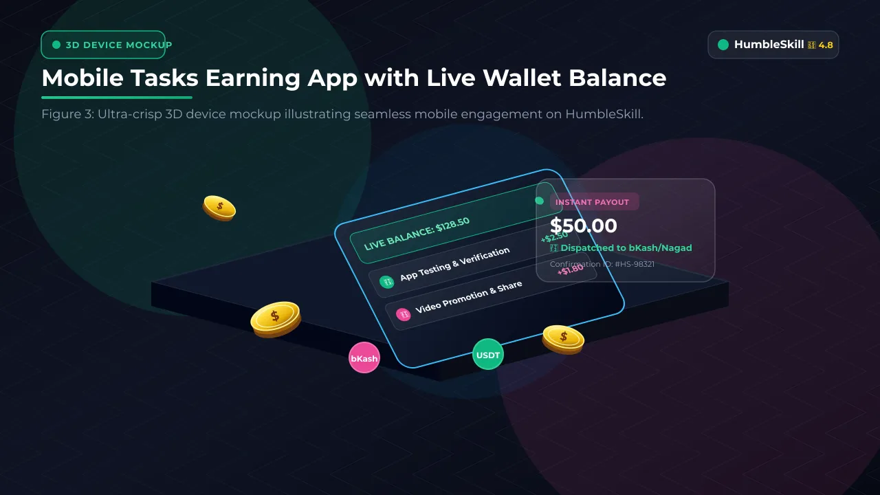 3D mobile device mockup showcasing live user interface for make money online