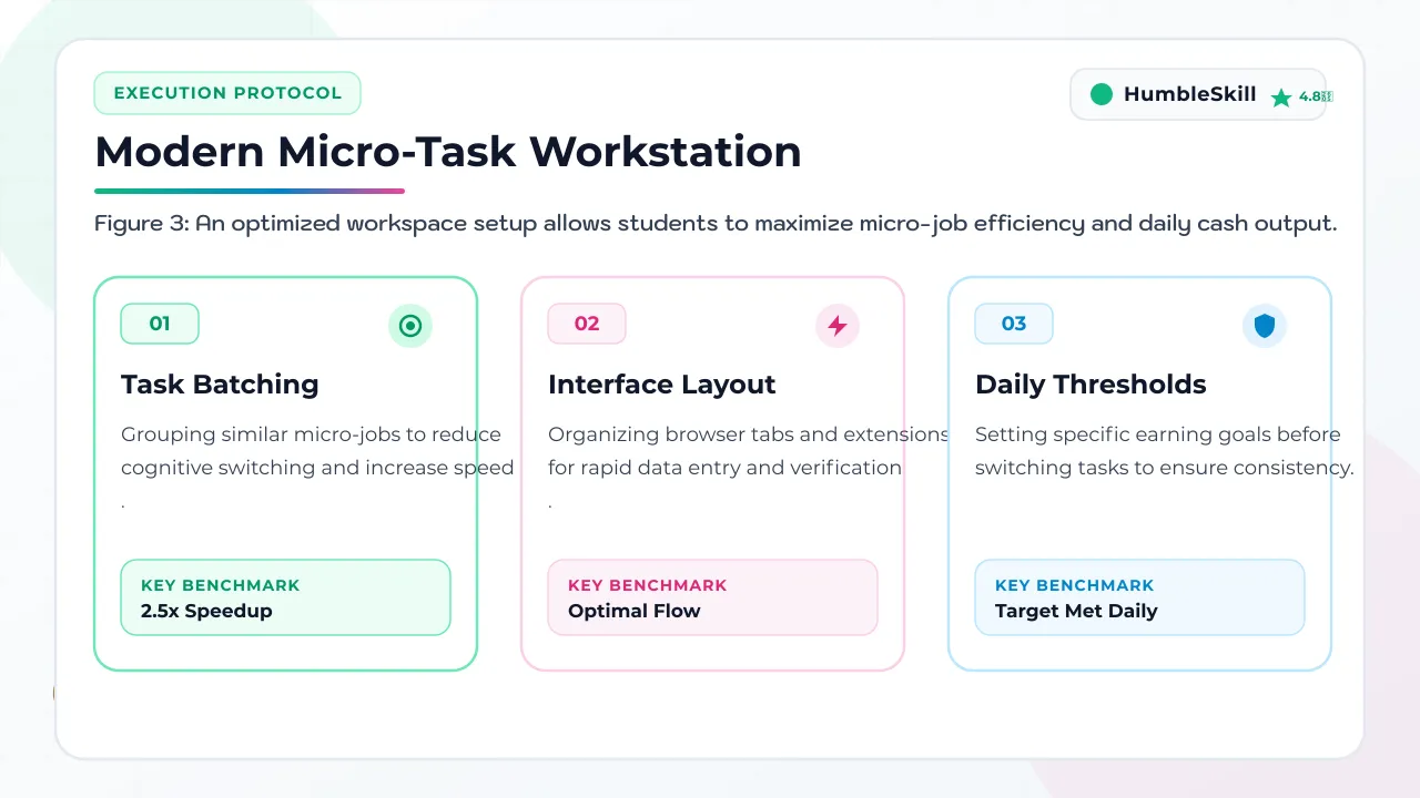 A clean, modern student workstation optimized for high-speed micro-task execution and daily earnings.