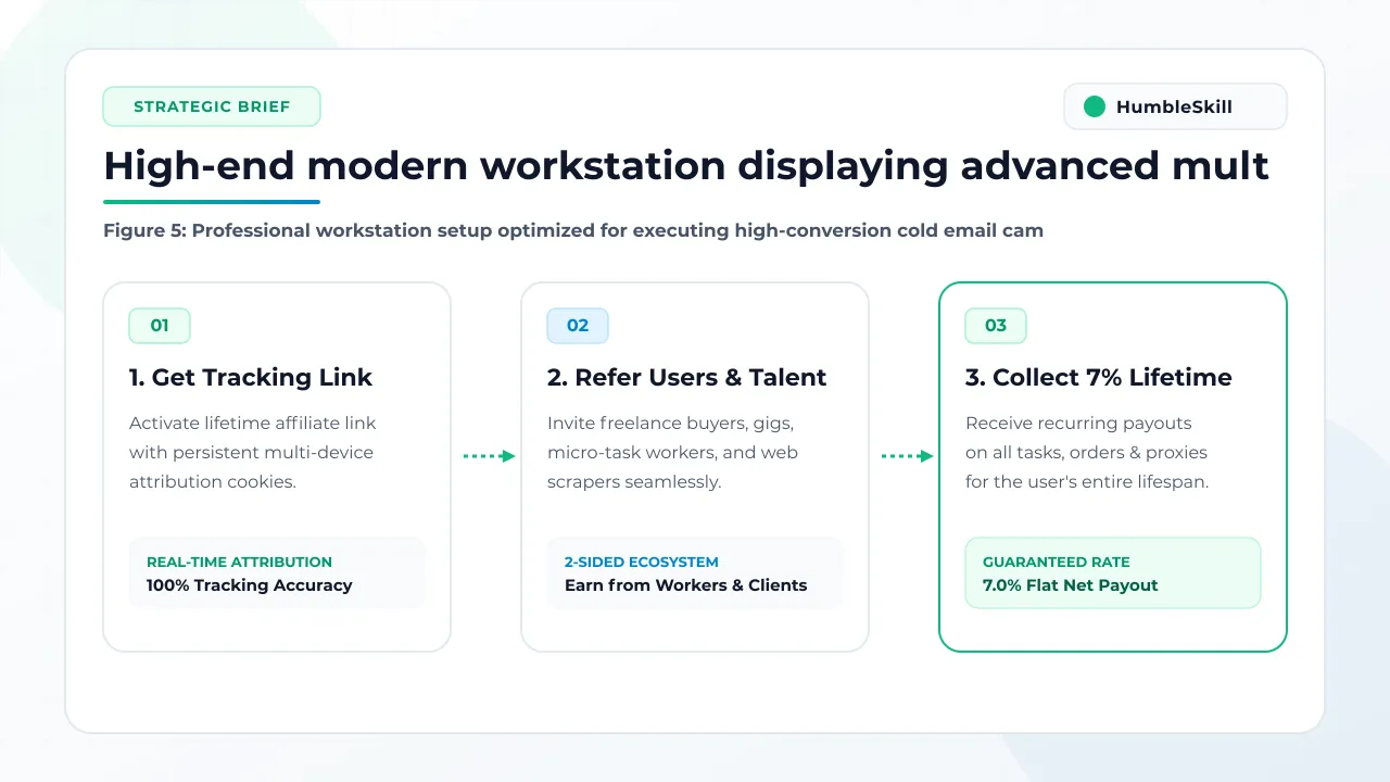 Modern minimalist studio workstation displaying cold email optimization software and campaign metrics.