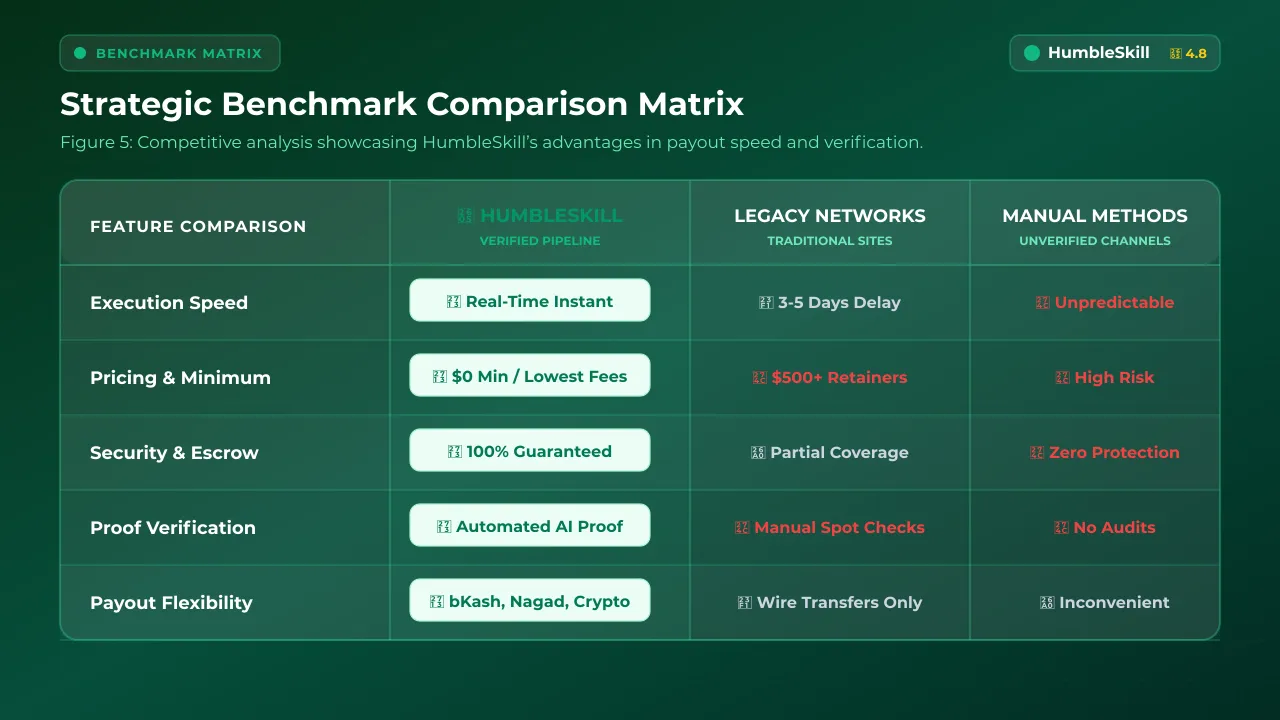 A professional comparison matrix table comparing HumbleSkill's features against traditional online earning platforms.