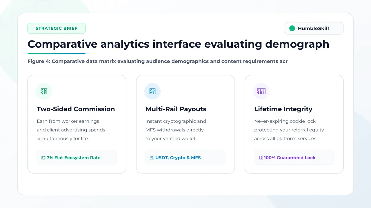 Platform comparison matrix displaying demographic reach and analytics in dark mode UI