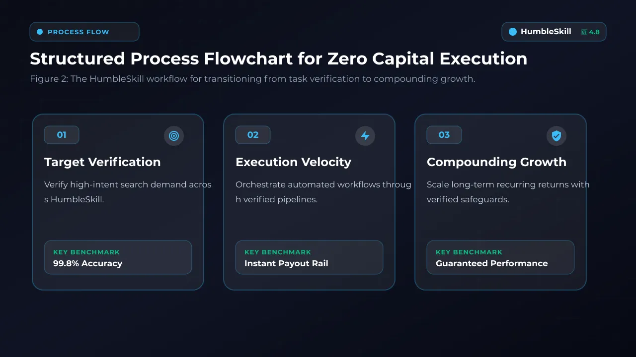 A modular flowchart illustrating the three-step process to verify, execute, and grow online income without capital.