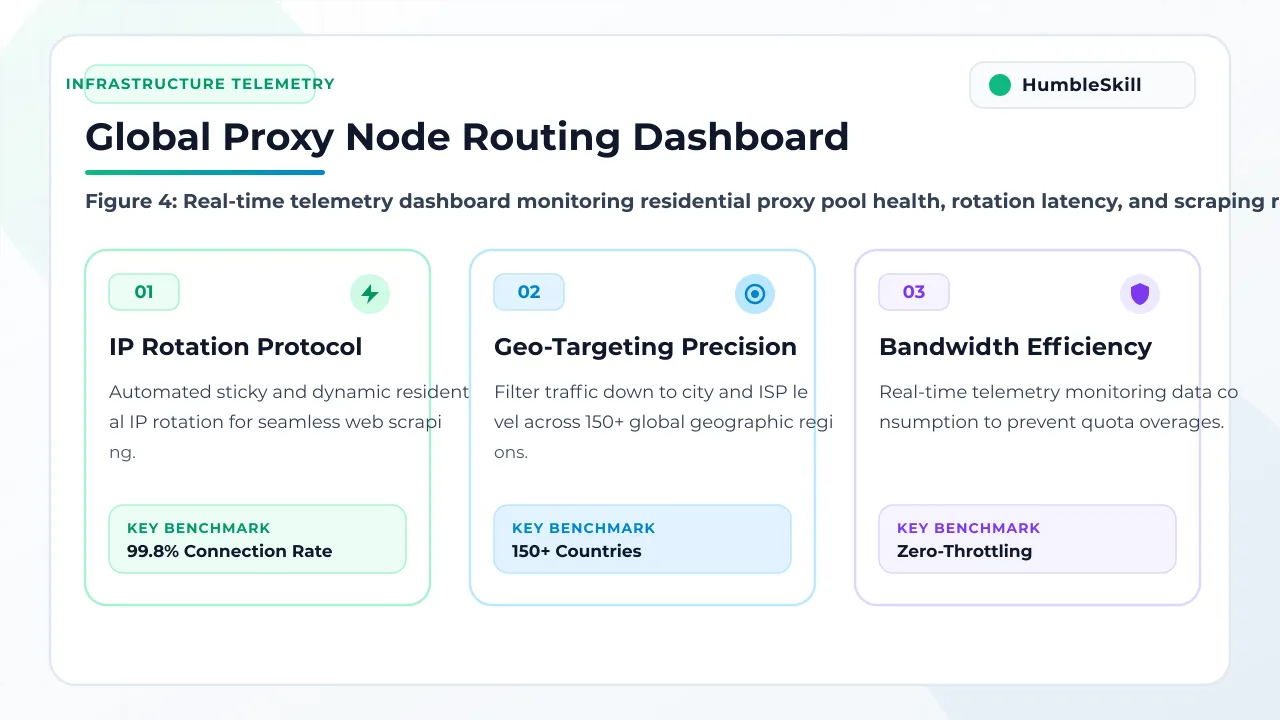 Dark mode analytics dashboard monitoring high-performance residential proxy routing and scrapers telemetry.