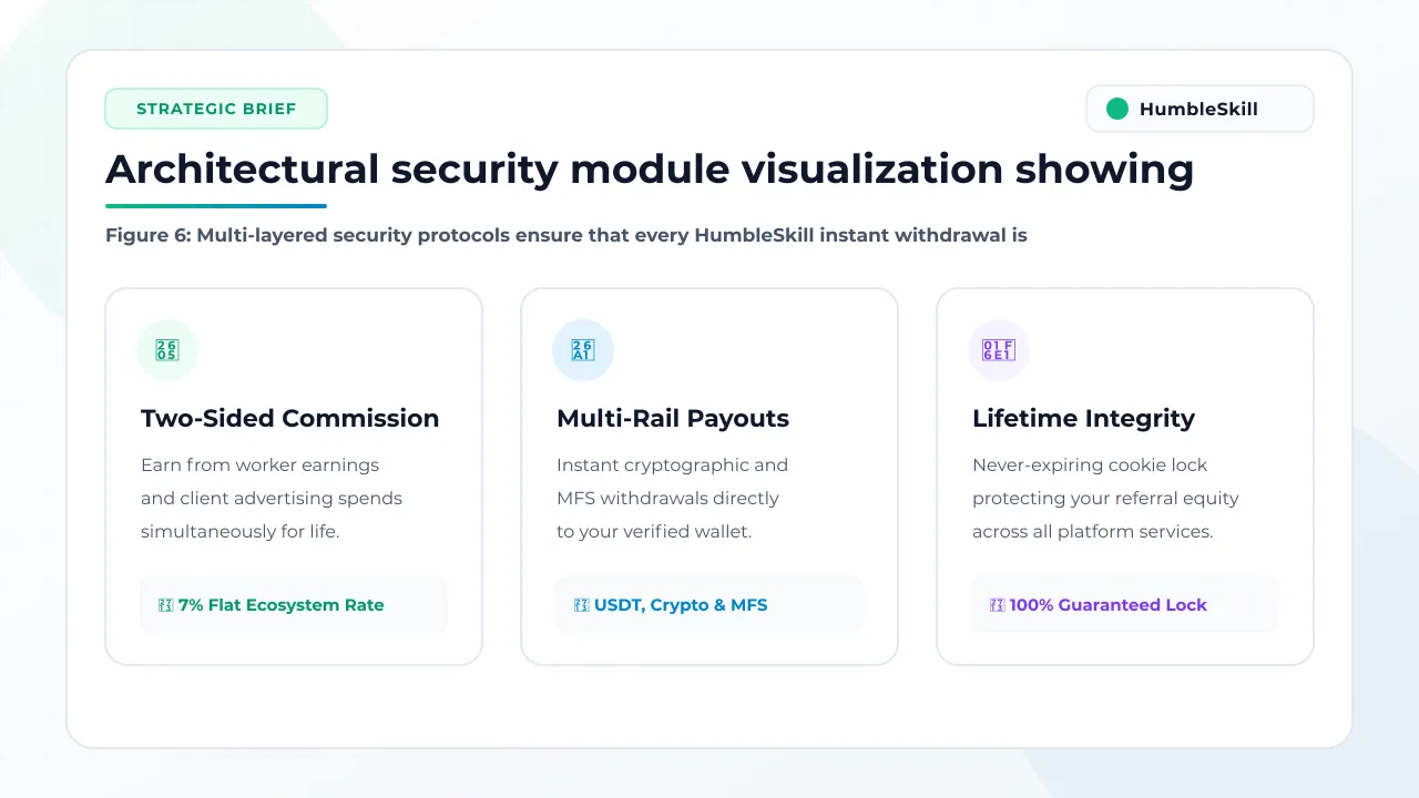 Security architecture visualization showing the protective layers surrounding HumbleSkill user earnings.