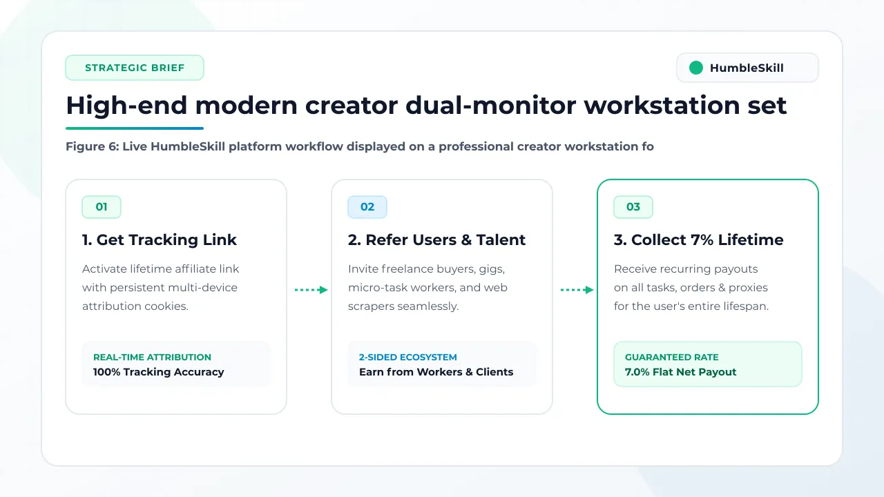 High-end minimalist creator workstation displaying the live HumbleSkill platform interface and campaign workflow.