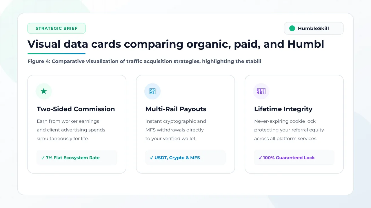 Floating 3D data cards comparing different traffic generation methods through visual performance metrics.