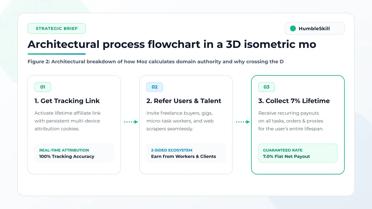Isometric process flowchart illustrating Moz domain authority metrics and backlink equity distribution on HumbleSkill.