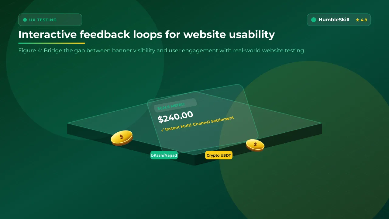 A modern 3D UI visual featuring glassmorphic layers representing website usability testing and advertiser feedback.