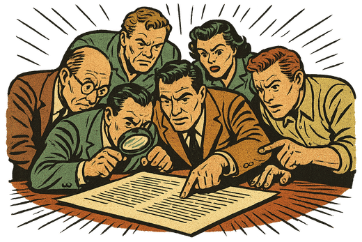 A panel of experts crowded around one block of text, each examining it and comparing what they read