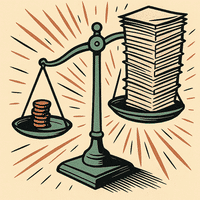 A few coins outweighed by a tall stack of documents