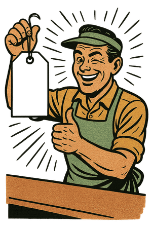 A cheerful shopkeeper holding up a price tag