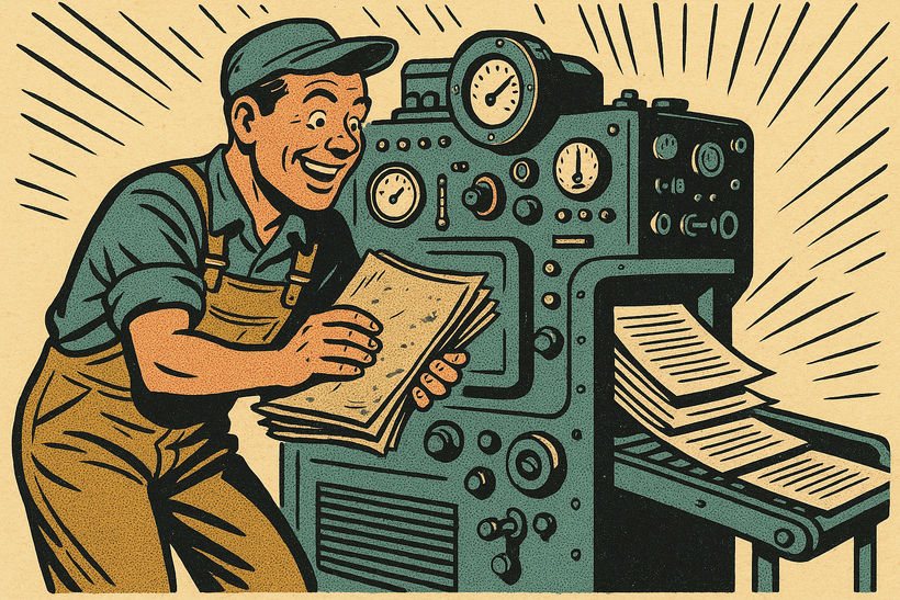 A technician feeding faded scanned pages into a processing machine; crisp readable pages roll out the other side
