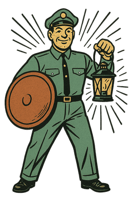 A night-watchman standing guard with a shield and lantern