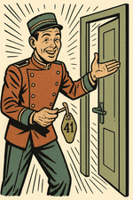 A friendly bellhop holding the door open