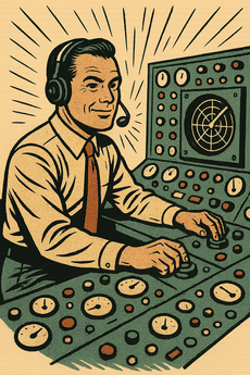 A control-room operator at a console of dials and gauges