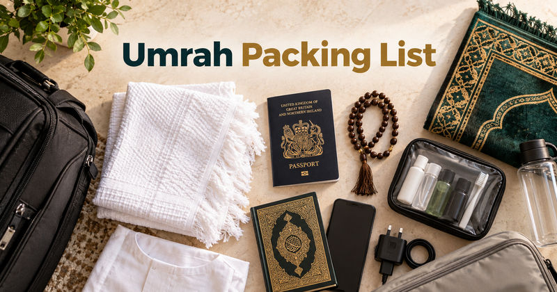 A flat lay of Ihram cloth, passport, prayer beads and travel essentials, text overlay reading Umrah Packing List