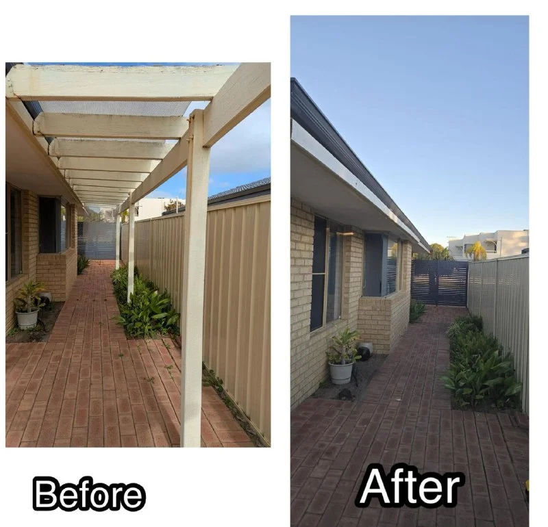 Before and after of a pergola taken down beside a Perth home