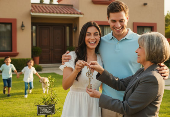 Nuevo propietario recibiendo las llaves de su casa tras una compra segura con certeza jurídica, protegiendo su patrimonio familiar.