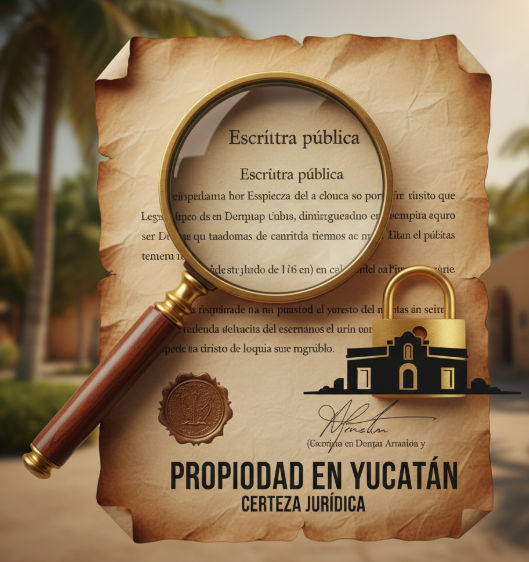 Una lupa examinando la escritura pública de una propiedad, simbolizando la importancia de la certeza jurídica en una inversión inmobiliaria segura en Yucatán.