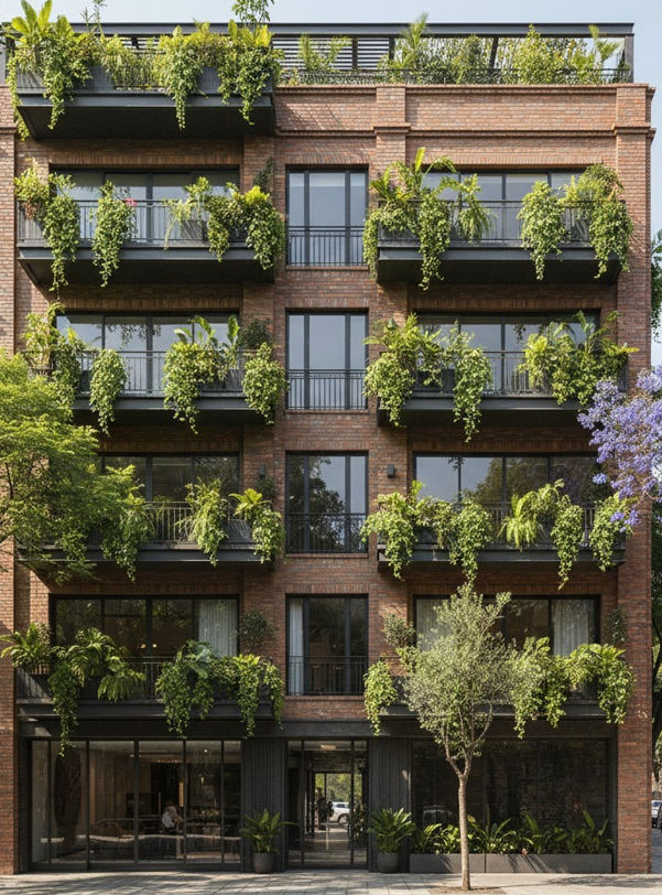 Un edificio moderno de departamentos con balcones en la colonia Roma, Ciudad de México.