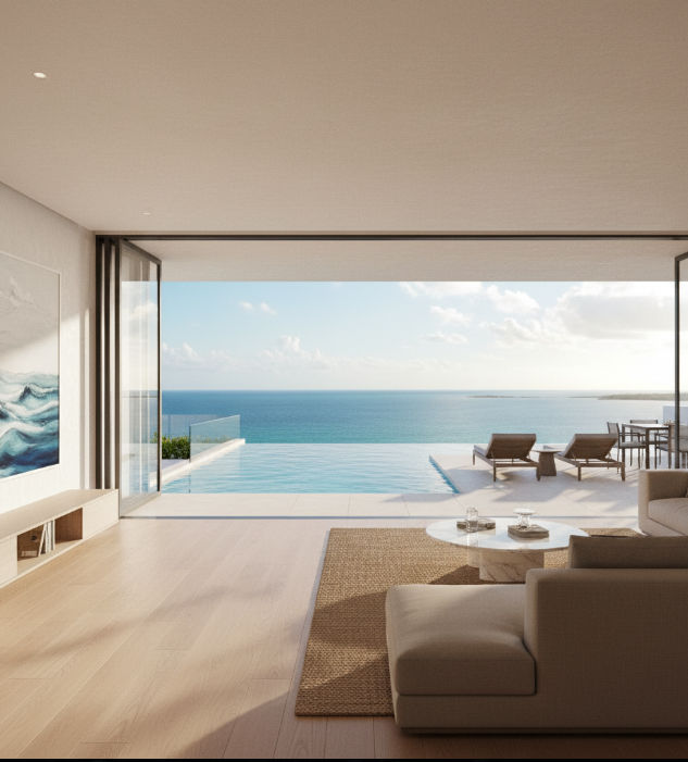 Un render de una sala de estar de un departamento de lujo con grandes ventanales y vistas al mar, con una piscina infinita.