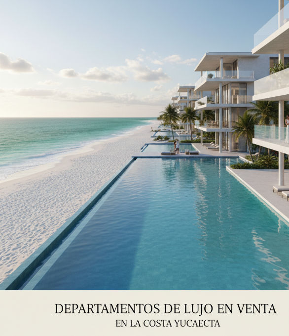 Una vista exterior de un moderno condominio de lujo en la costa de Yucatán, con vistas al mar.