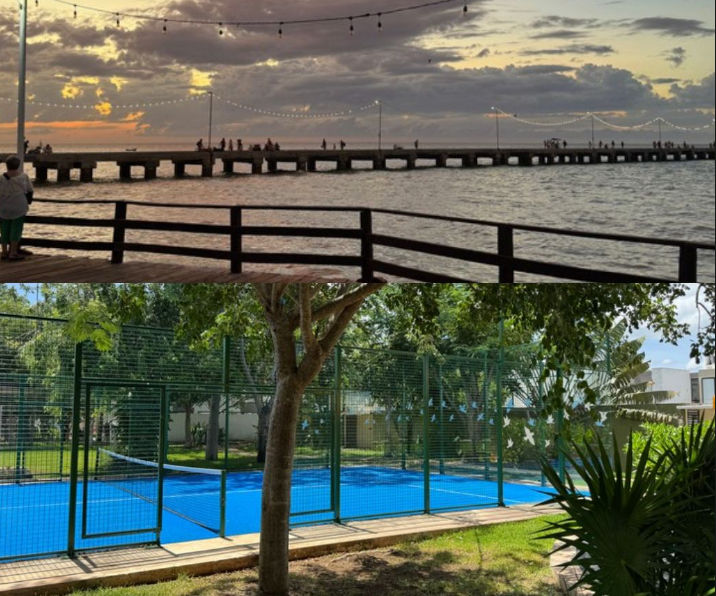 Una espectacular toma aérea al atardecer sobre la Costa Esmeralda de Yucatán. Se deben ver los tonos turquesa del mar, la arena blanca y, en un costado, el trazo de un desarrollo residencial moderno y de baja densidad que se integra armónicamente con la naturaleza. Inversión inmobiliaria en la costa de Yucatán al atardecer.