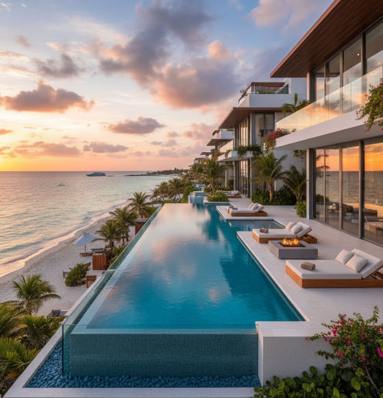 Un lujoso condominio en Tulum con una piscina infinita que se fusiona con el mar Caribe, representando la inversión de alta gama y el estilo de vida sofisticado.