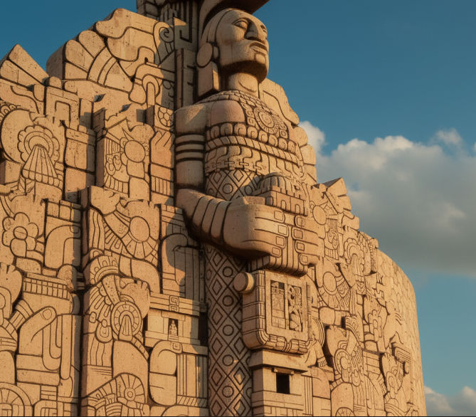 Un primer plano detallado de uno de los relieves del Monumento a la Patria, mostrando la intrincada figura de un caballero jaguar o guerrero prehispánico finamente tallada en la cantera rosada.