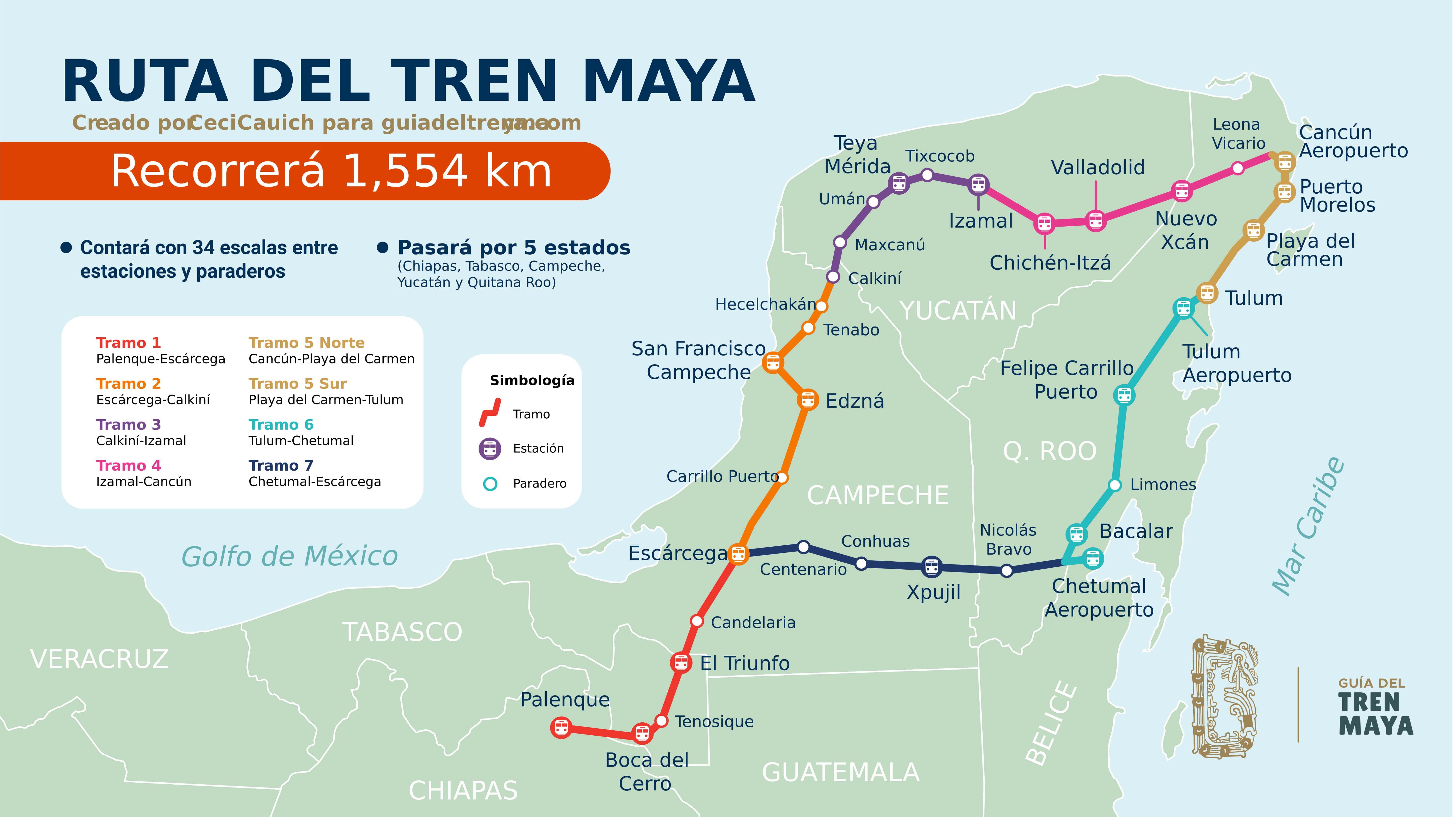 Mapa del Tren Maya mostrando las rutas y estaciones clave en la península de Yucatán