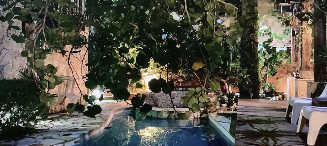 Nighttime illuminated exterior facade of Manaya Bed and Breakfast and Apartments in Punta Cana, featuring a stone and tile wall, wooden gate, and trees covering the entrance.