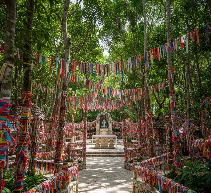 Una vista amplia del Santuario Desatadora de Nudos, donde miles de listones de colores se integran con la naturaleza y la arquitectura del lugar.