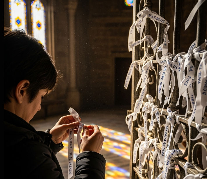Una persona atando un listón en el Santuario de la Desatadora de Nudos, en un momento de oración y reflexión personal.