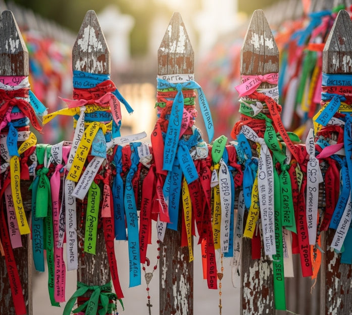 Un primer plano de los coloridos listones con oraciones escritas a mano, atados en el Santuario de la Desatadora de Nudos.