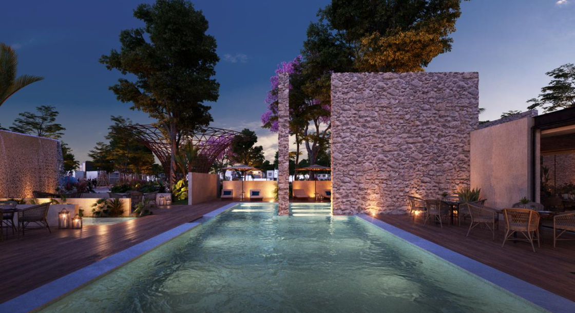 El Estilo de Vida de Wayúum: Exclusividad y Naturaleza. Una imagen de render arquitectónico de alta calidad que muestra una de las casas club dentro de una privada en Wayúum al atardecer. En primer plano, una alberca con diseño de tipo infinito que refleja los cálidos colores del cielo. Alrededor de la alberca, se ven camastros modernos y elegantes, y una palapa con un diseño contemporáneo. Al fondo, se aprecian las áreas verdes, la vegetación endémica bien cuidada y el inicio de los lotes residenciales. La escena debe transmitir una sensación de lujo, tranquilidad, seguridad y comunidad planeada.